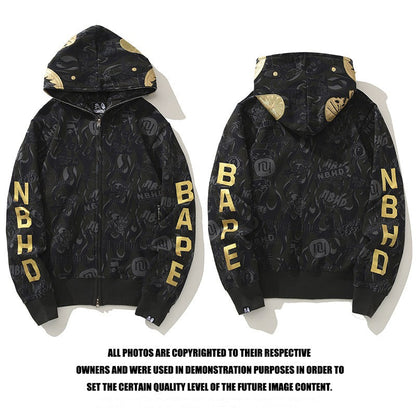 Bathing Ape Hoodie joint golden skull shark head print hooded cardigan zip sweater jacket